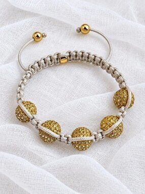 Shamballa Style Gold Tone Pave Rhinestone Ball Macrame Adjustable Bracelet